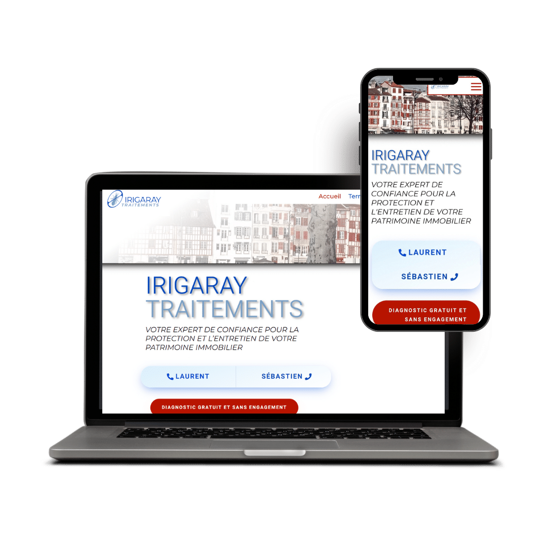 image du site responsive irigaray traitements, pc au milieu de l'image et mobile en haut à droite de l'image